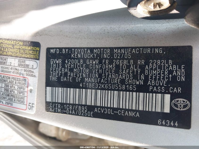 2005 Toyota Camry Le VIN: 4T1BE32K65U558165 Lot: 43687194