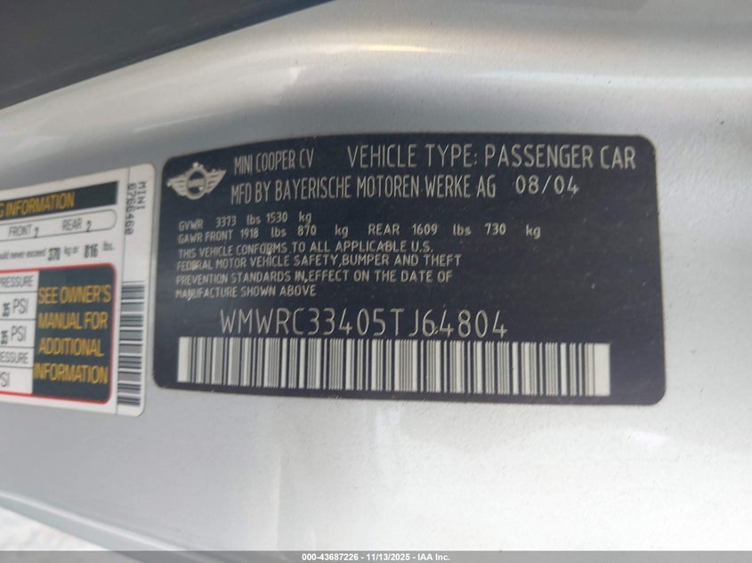 2005 Mini Cooper VIN: WMWRC33405TJ64804 Lot: 43687226