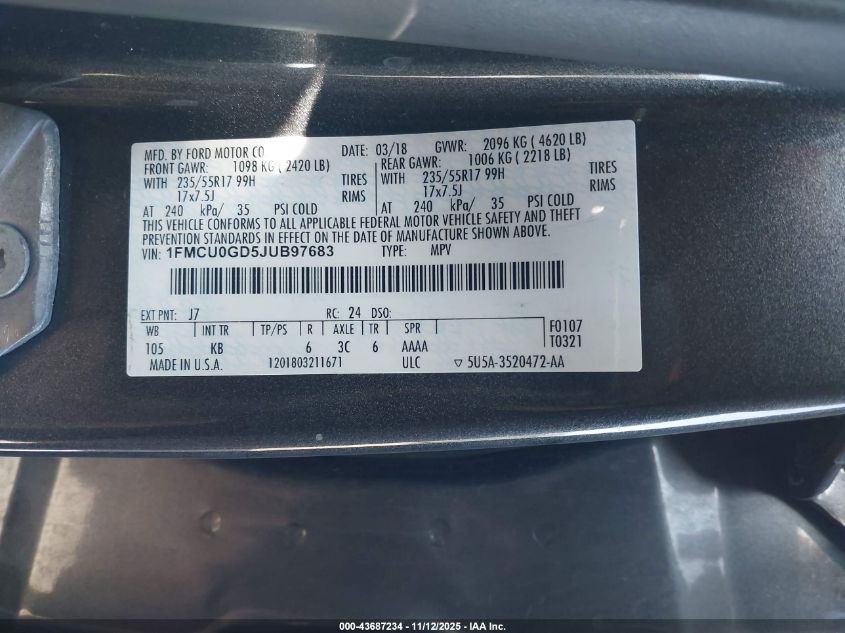 2018 Ford Escape Se VIN: 1FMCU0GD5JUB97683 Lot: 43687234