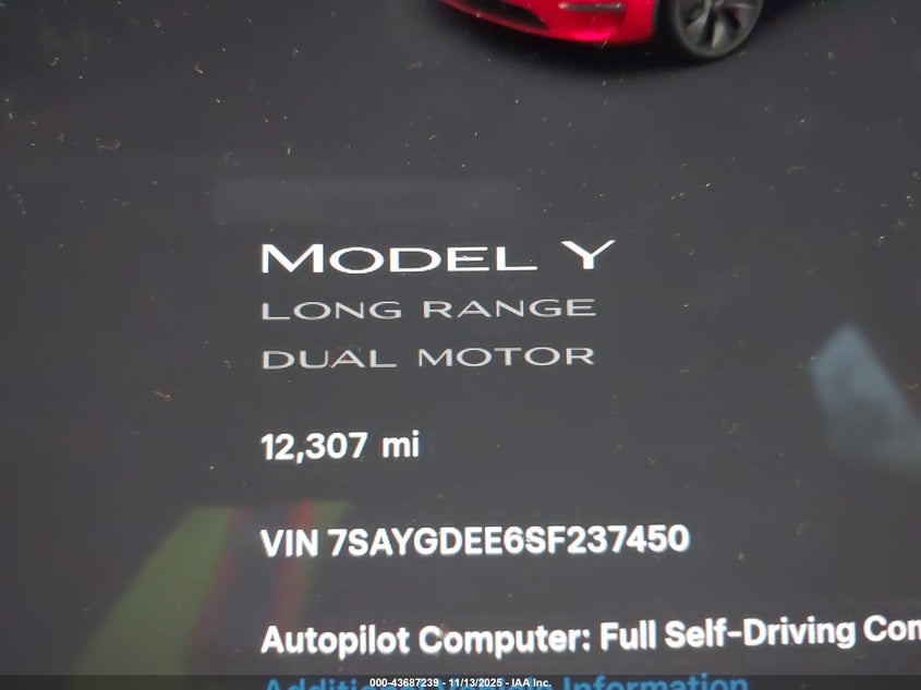 2025 Tesla Model Y Long Range Dual Motor All-Wheel Drive VIN: 7SAYGDEE6SF237450 Lot: 43687239