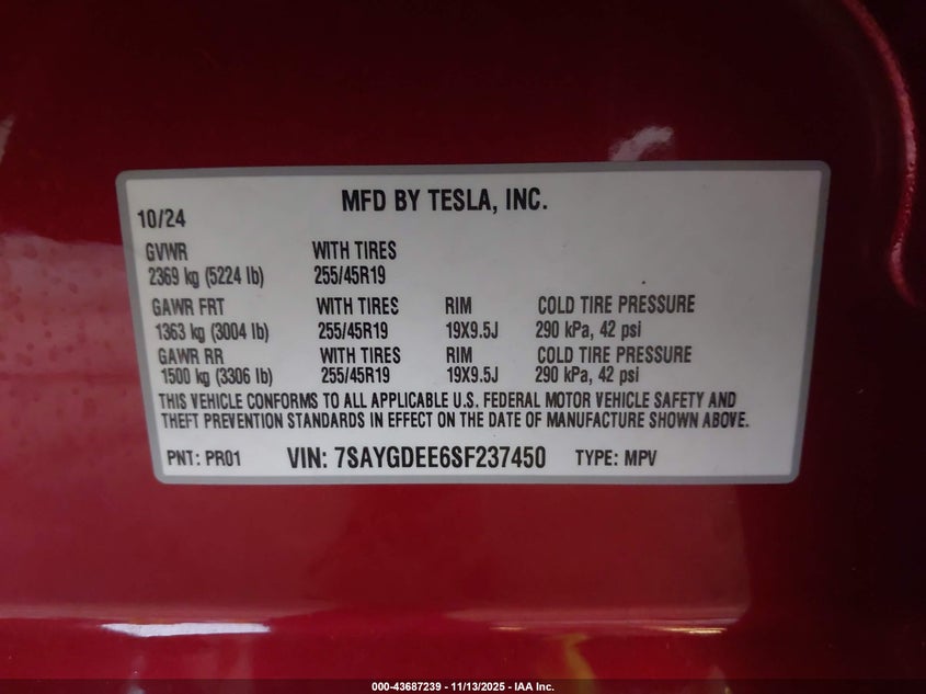 2025 Tesla Model Y Long Range Dual Motor All-Wheel Drive VIN: 7SAYGDEE6SF237450 Lot: 43687239
