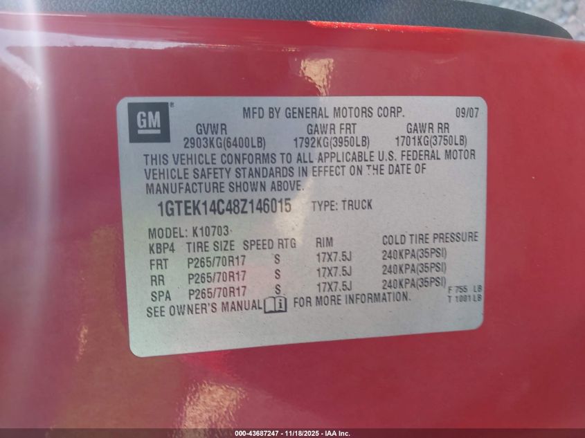 2008 GMC Sierra 1500 Work Truck VIN: 1GTEK14C48Z146015 Lot: 43687247