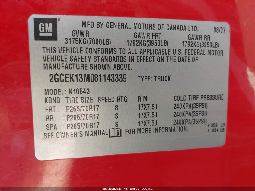 2008 Chevrolet Silverado 1500 Lt1 VIN: 2GCEK13M081143339 Lot: 43687248