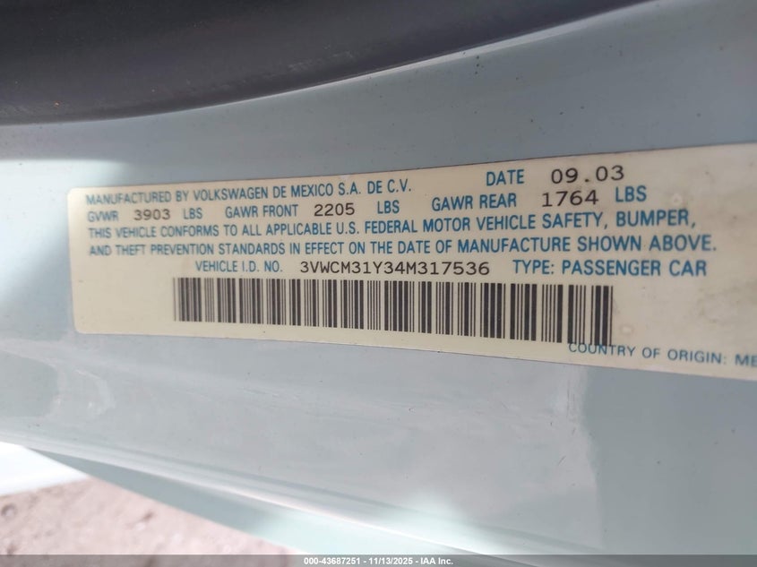 2004 Volkswagen New Beetle Gls VIN: 3VWCM31Y34M317536 Lot: 43687251