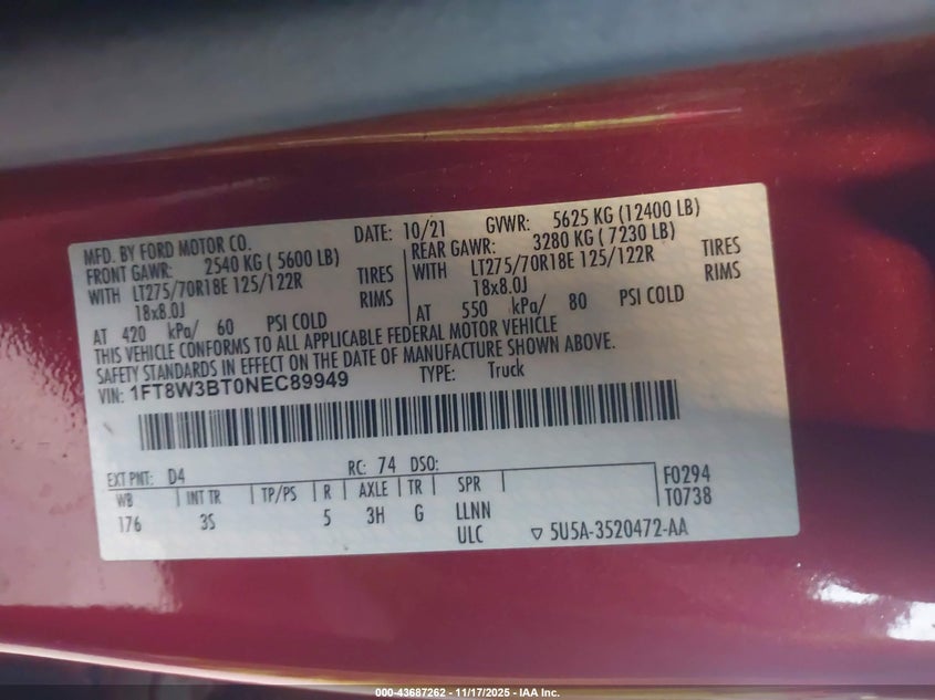 2022 Ford F-350 Xlt VIN: 1FT8W3BT0NEC89949 Lot: 43687262