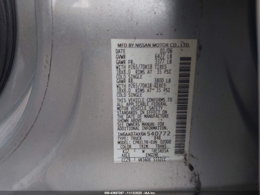 2006 Nissan Titan Se VIN: 1N6AA07AX6N540772 Lot: 43687267