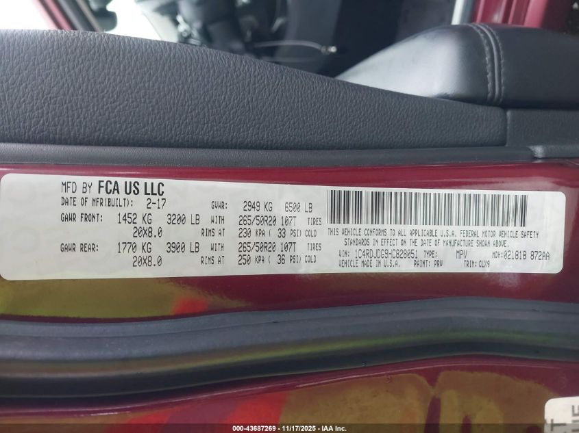 2017 Dodge Durango Gt Awd VIN: 1C4RDJDG9HC828051 Lot: 43687269