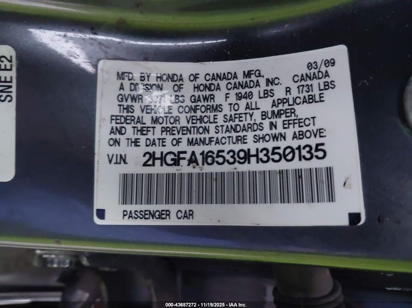 2009 Honda Civic Lx VIN: 2HGFA16539H350135 Lot: 43687272