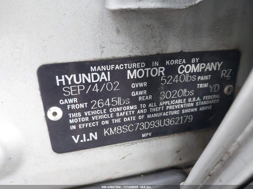 KM8SC73D93U362179 2003 HYUNDAI SANTA FE photo no. 9