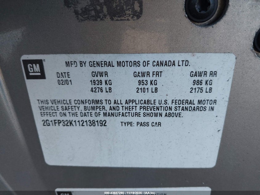 2001 Chevrolet Camaro VIN: 2G1FP32K112138192 Lot: 43687290