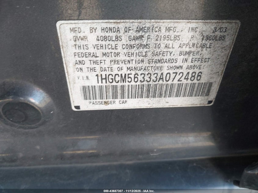 1HGCM56333A072486 2003 HONDA ACCORD photo no. 9