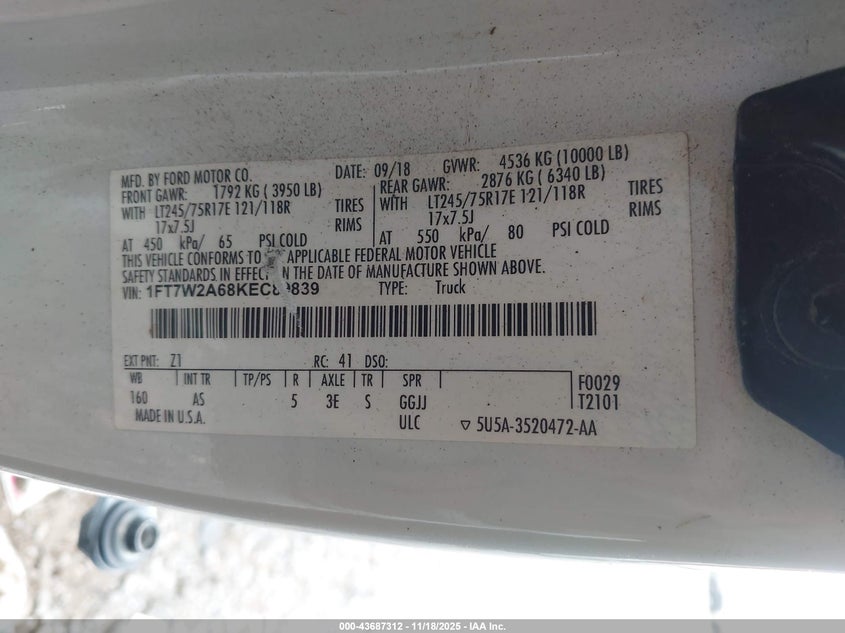 2019 Ford F-250 Xl VIN: 1FT7W2A68KEC89839 Lot: 43687312