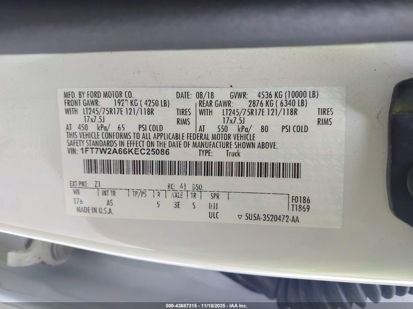 2019 Ford F-250 Xl VIN: 1FT7W2A66KEC25086 Lot: 43687315