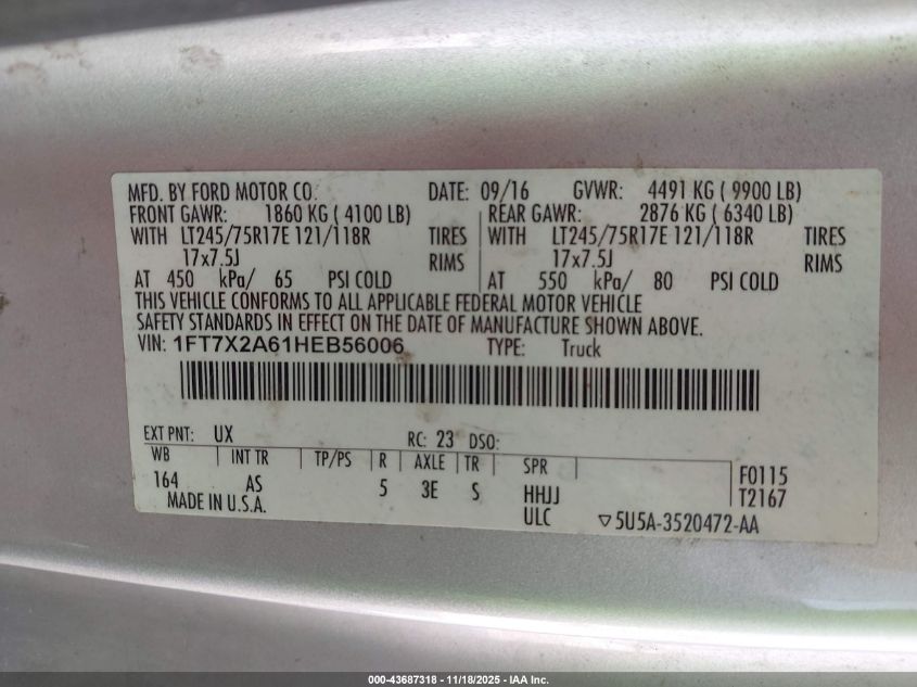 2017 Ford F-250 Xl VIN: 1FT7X2A61HEB56006 Lot: 43687318