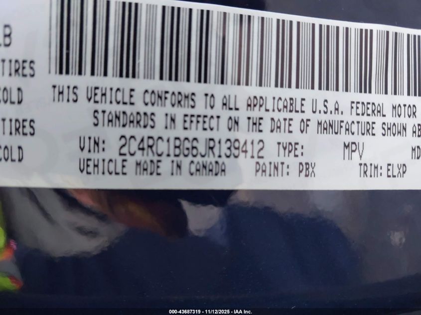 2018 Chrysler Pacifica Touring L VIN: 2C4RC1BG6JR139412 Lot: 43687319