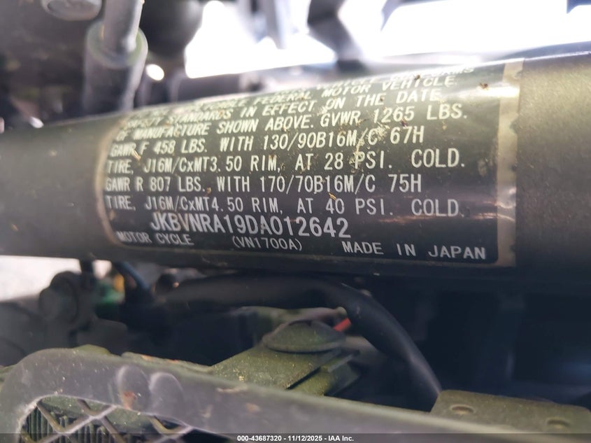 2013 Kawasaki Vn1700 A VIN: JKBVNRA19DA012642 Lot: 43687320