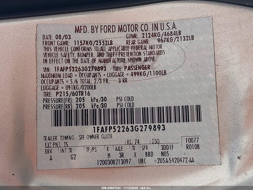 2003 Ford Taurus Lx VIN: 1FAFP52263G279893 Lot: 43687343