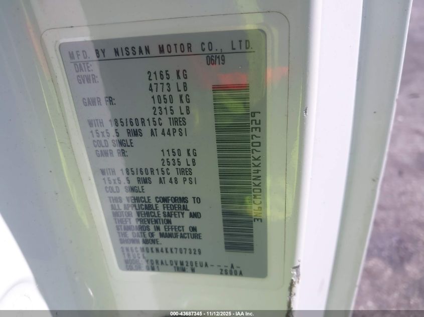 2019 Nissan Nv200 S VIN: 3N6CM0KN4KK707329 Lot: 43687345