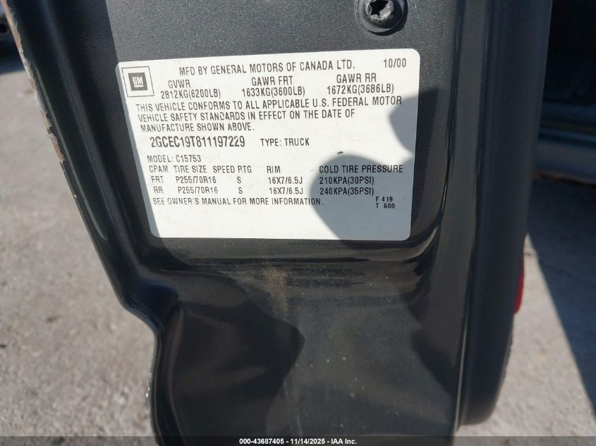 2001 Chevrolet Silverado 1500 Ls VIN: 2GCEC19T811197229 Lot: 43687405