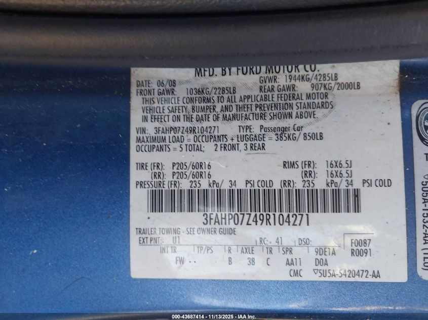 2009 Ford Fusion Se VIN: 3FAHP07Z49R104271 Lot: 43687414