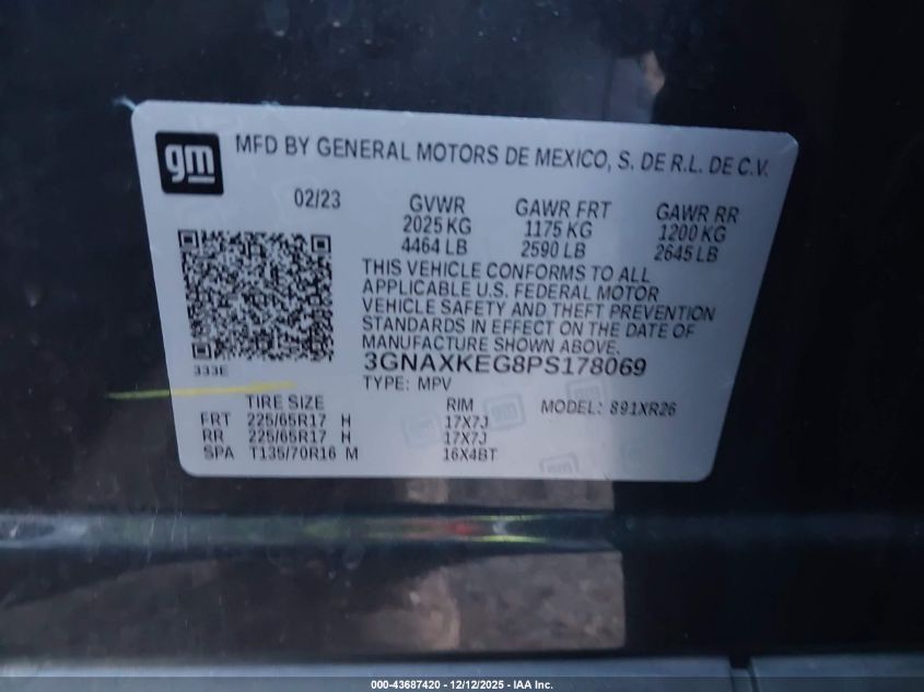 2023 Chevrolet Equinox Fwd Lt VIN: 3GNAXKEG8PS178069 Lot: 43687420