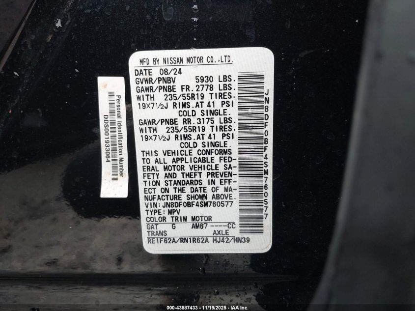 2025 Nissan Ariya Evolve+ VIN: JN8DF0BF4SM760577 Lot: 43687433