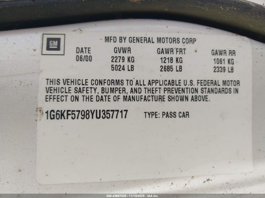 2000 Cadillac Deville Dts VIN: 1G6KF5798YU357717 Lot: 43687436