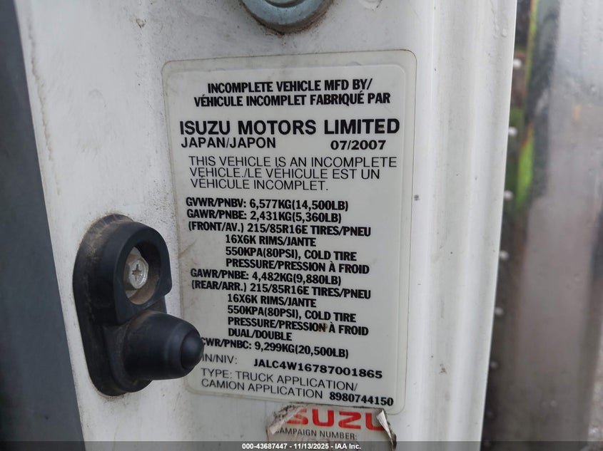 2008 Isuzu Dsl Reg VIN: JALC4W16787001865 Lot: 43687447