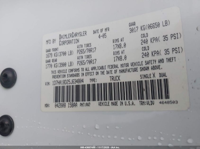 2005 Dodge Ram 1500 Slt/Laramie VIN: 1D7HA18D25J634804 Lot: 43687450