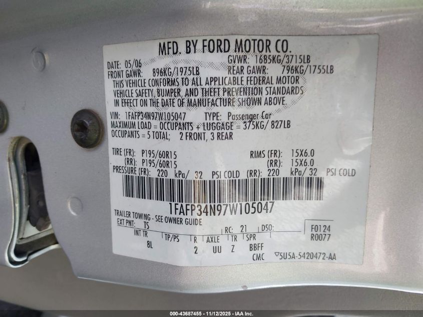 2007 Ford Focus S/Se/Ses VIN: 1FAFP34N97W105047 Lot: 43687455