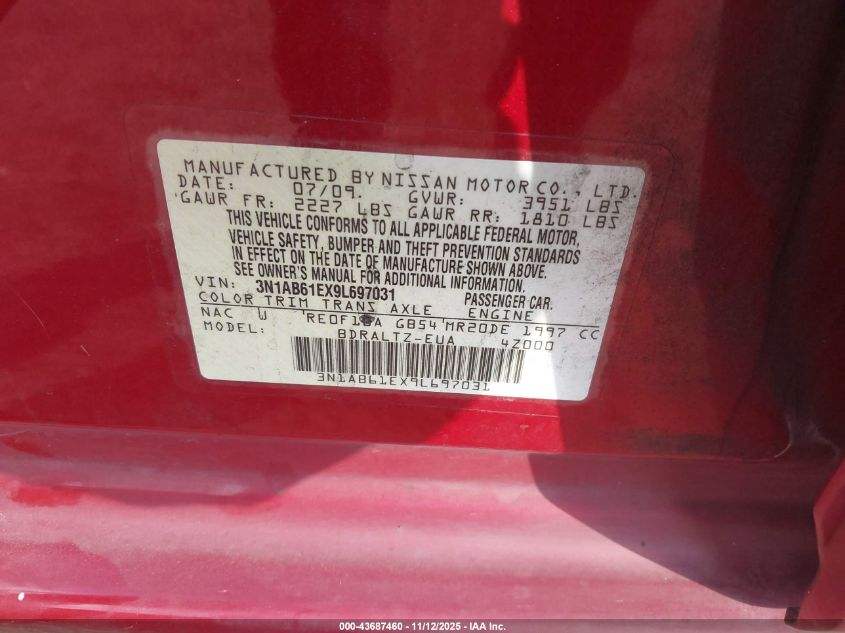 2009 Nissan Sentra 2.0S VIN: 3N1AB61EX9L697031 Lot: 43687460
