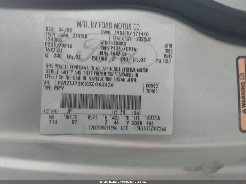 2005 Ford Explorer Xls/Xls Sport VIN: 1FMZU72KX5ZA62426 Lot: 43687469
