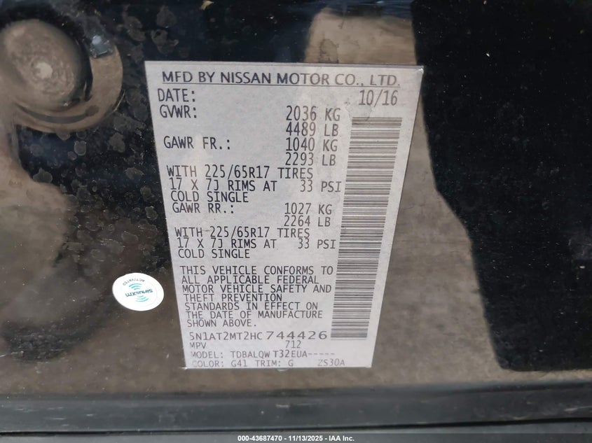 VIN 5N1AT2MT2HC744426 2017 NISSAN ROGUE SV
