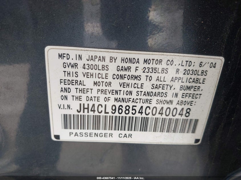 2004 Acura Tsx VIN: JH4CL96854C040048 Lot: 43687541