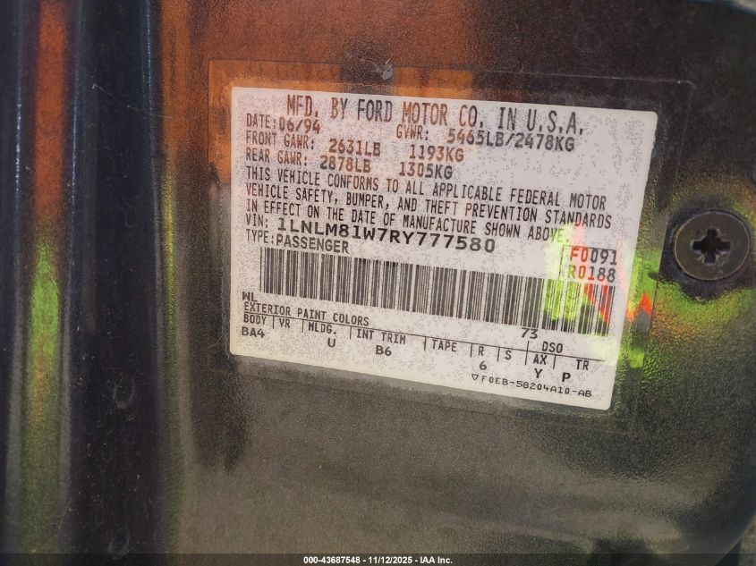 1994 Lincoln Town Car Executive VIN: 1LNLM81W7RY777580 Lot: 43687548