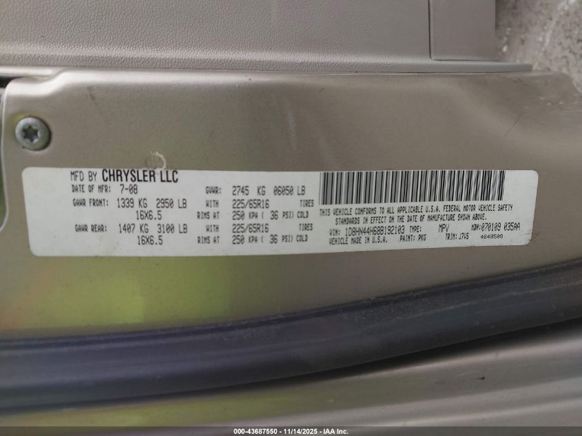 2008 Dodge Grand Caravan Se VIN: 1D8HN44H68B192103 Lot: 43687550