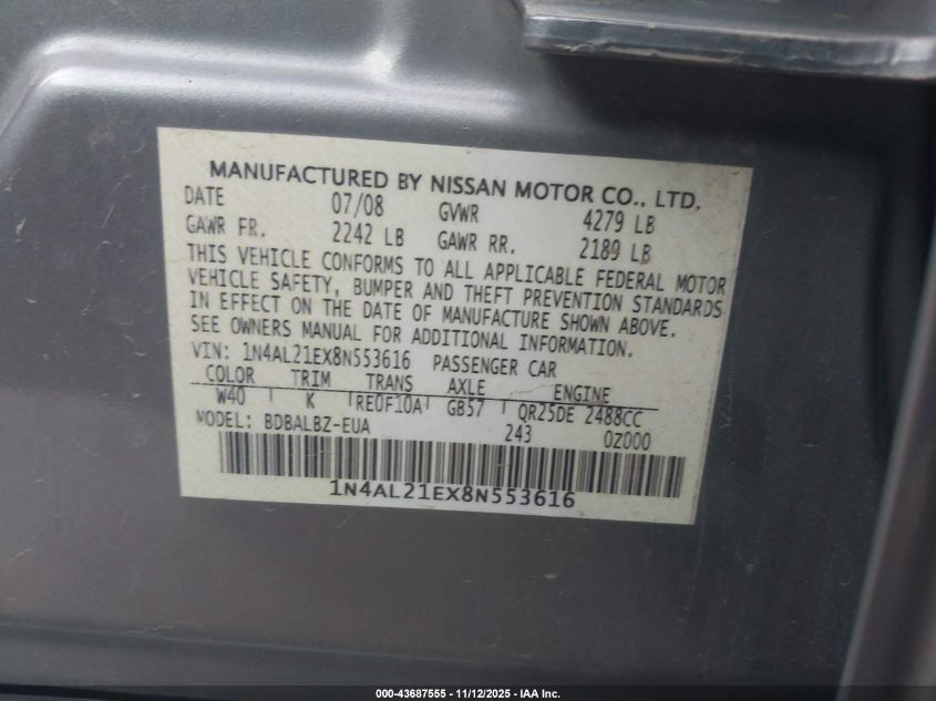 2008 Nissan Altima 2.5 S VIN: 1N4AL21EX8N553616 Lot: 43687555