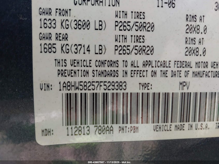 2007 Chrysler Aspen Limited VIN: 1A8HW58257F529383 Lot: 43687587