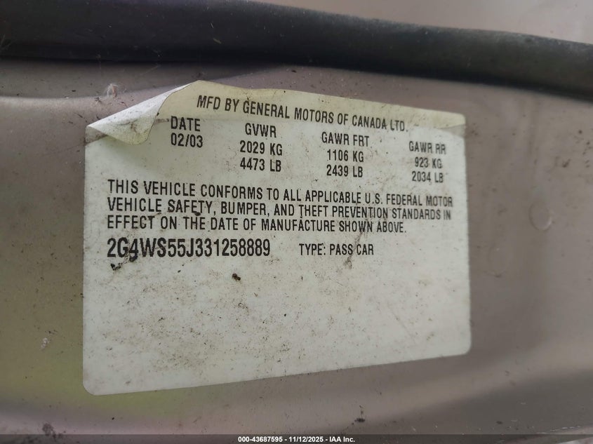 2003 Buick Century Custom VIN: 2G4WS55J331258889 Lot: 43687595