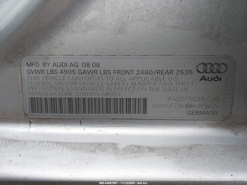 2009 Audi A4 2.0T Premium VIN: WAUSF78K89N019835 Lot: 43687597