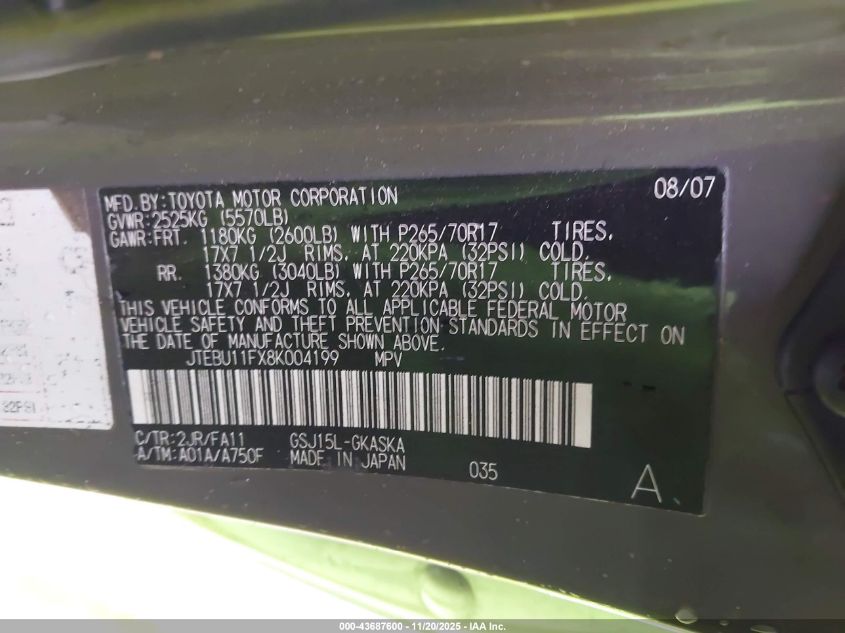 2008 Toyota Fj Cruiser VIN: JTEBU11FX8K004199 Lot: 43687600