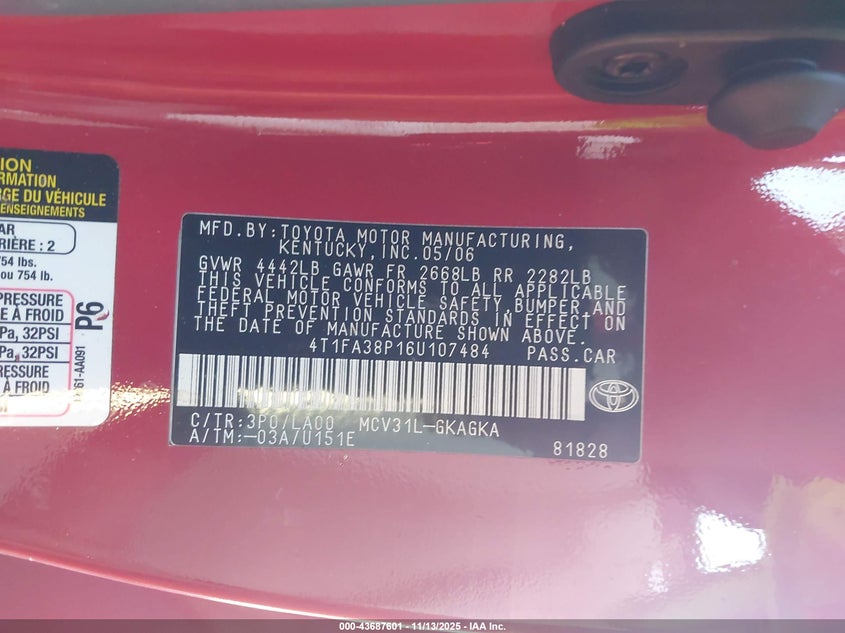 2006 Toyota Camry Solara Sle VIN: 4T1FA38P16U107484 Lot: 43687601