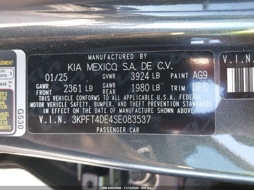 2025 Kia K4 Lx VIN: 3KPFT4DE4SE083537 Lot: 43687646