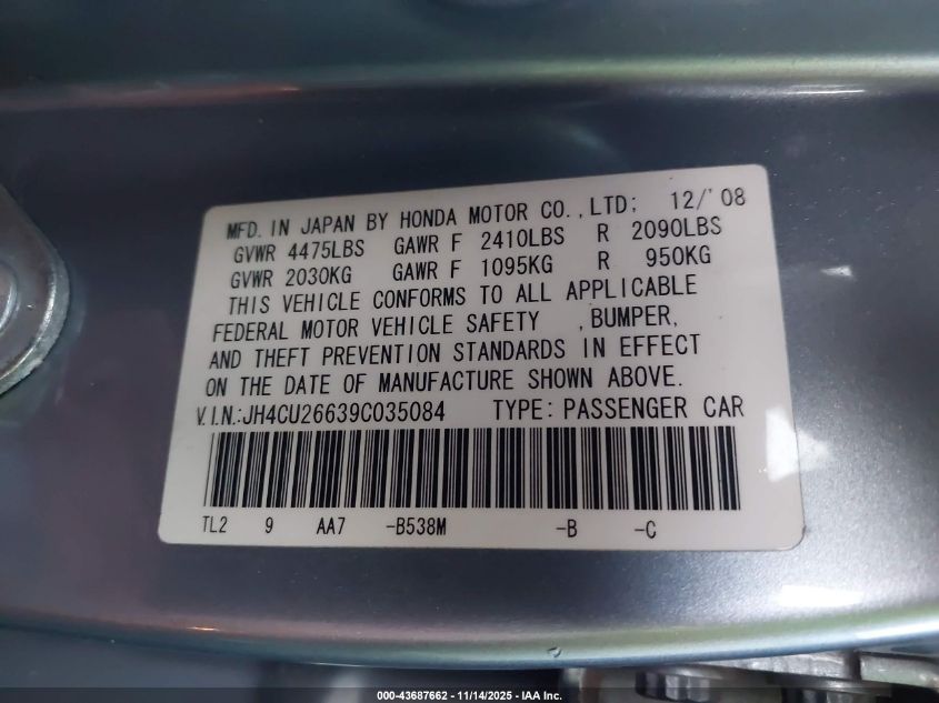 2009 Acura Tsx VIN: JH4CU26639C035084 Lot: 43687662