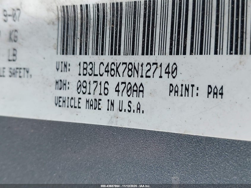 2008 Dodge Avenger Se VIN: 1B3LC46K78N127140 Lot: 43687664