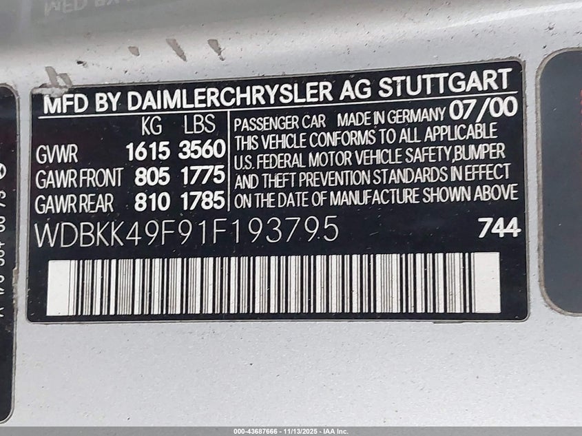 2001 Mercedes-Benz Slk 230 Kompressor VIN: WDBKK49F91F193795 Lot: 43687666