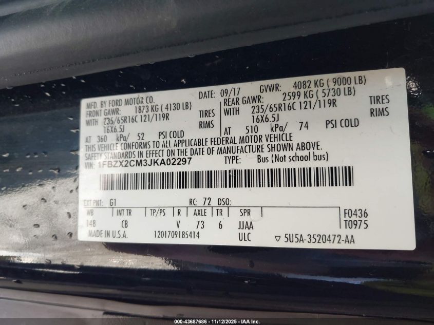 2018 Ford Transit-350 Xlt VIN: 1FBZX2CM3JKA02297 Lot: 43687686