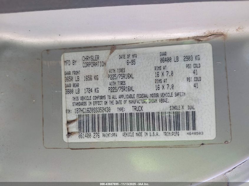 1995 Dodge Ram 1500 VIN: 1B7HC16Z0SS352430 Lot: 43687695