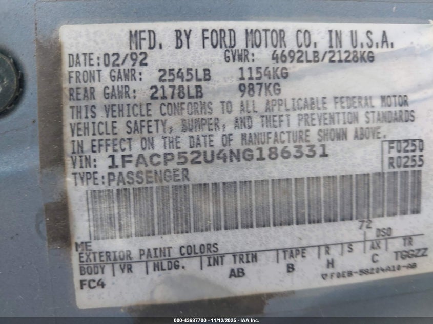 1992 Ford Taurus Gl VIN: 1FACP52U4NG186331 Lot: 43687700