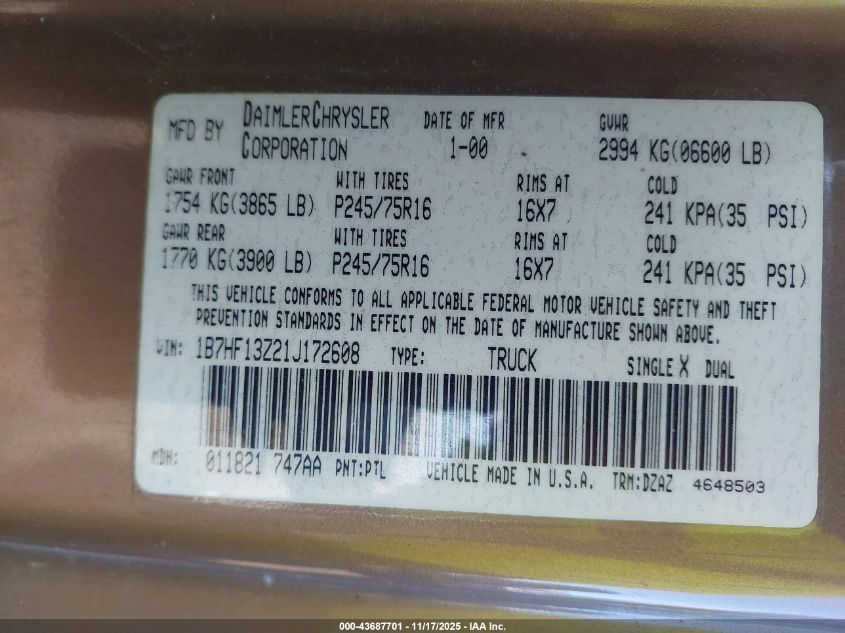 2001 Dodge Ram 1500 St VIN: 1B7HF13Z21J172608 Lot: 43687701